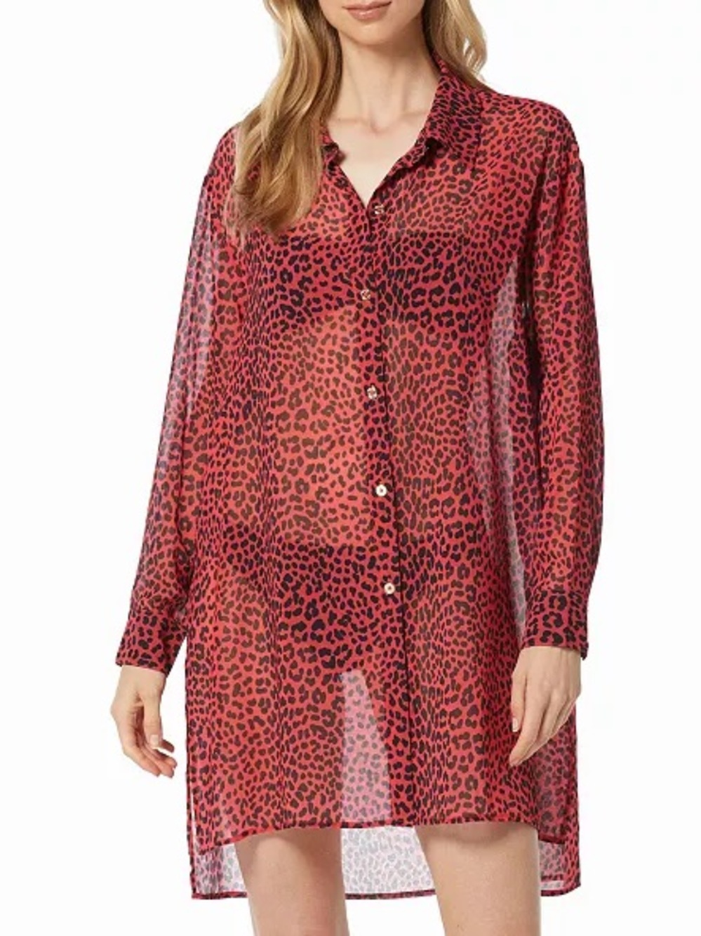 MICHAEL Michael Kors Sheer Red Leopard-Print Button Front CoverUp NWT Medium